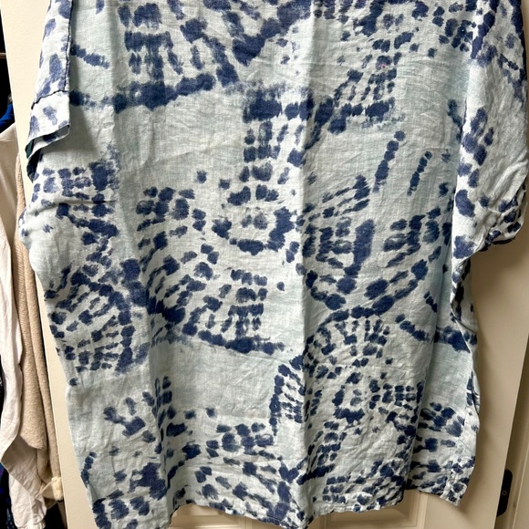Bellambia Italy 100% Linen Top Lagenlook Short Sleeve Shirt Blue Tie Dye LARGE - Picture 3 of 3